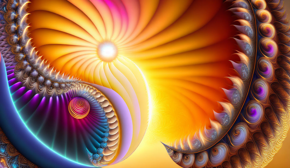 Colorful fractal art: swirling patterns in deep purples to bright oranges, resembling a fiery