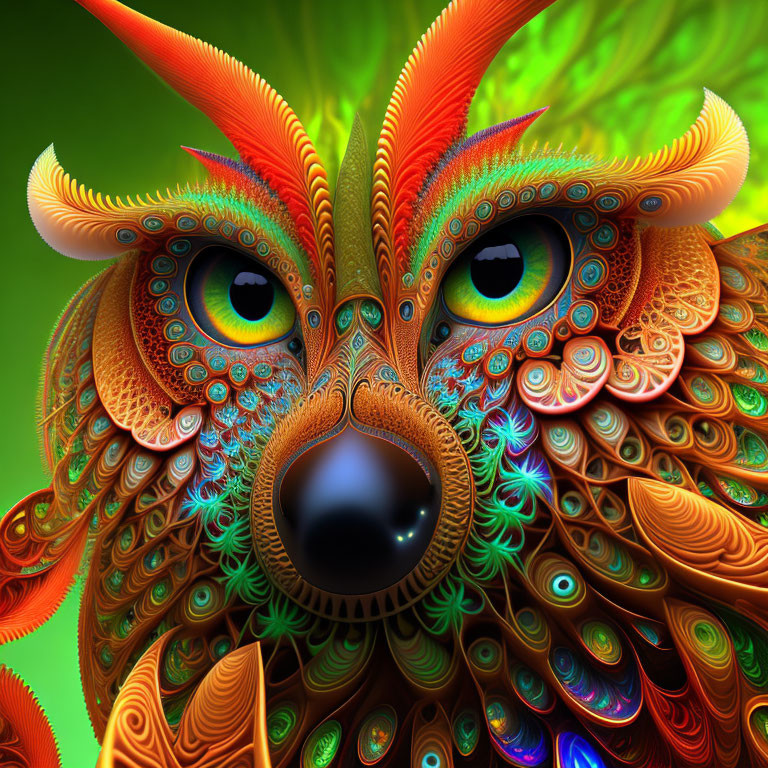 Colorful Owl Artwork with Detailed Patterns and Feathers on Green Background