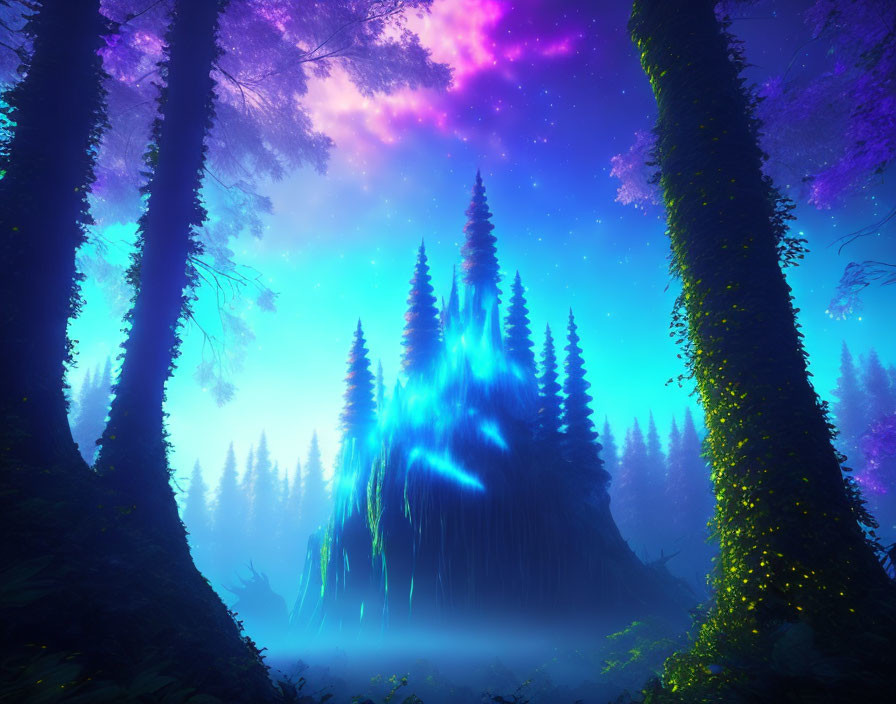 Vibrant blue and purple mystical forest under starry night sky