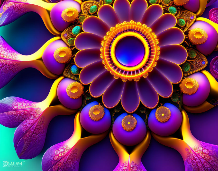 Circular digital fractal art with vibrant purple, blue, and gold tones