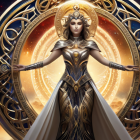 Woman in Golden Armor Wielding Swords Against Cosmic Mandala Backdrop