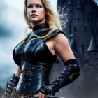 Blonde female warrior in black armor with sword at castle.