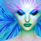 Colorful digital artwork featuring woman's face with blue feathers, floral elements, and intricate patterns