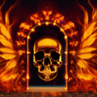 Golden skull with fiery wings in flame-engulfed mirror on ember-strewn backdrop