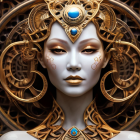 Detailed digital artwork of a woman with golden jewelry and headdress, swirling patterns, and blue gemstone