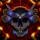 Ornate skull with wing-like structures on fiery symmetrical background