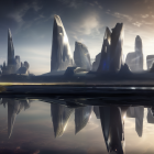 Modern cityscape with reflective water, sleek buildings, train-like pods, and large moon.