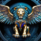 Digital artwork: Winged golden lion with blue-accented mane on dark background