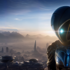 Robotic figure in misty alien landscape with sunrise and shooting star