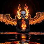 Flaming skull with fiery wings reflected on dark surface