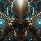 Futuristic female figure with golden headgear and metallic blue patterns on dark background