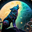 Colorful wolf howling under stylized moon and celestial patterns.