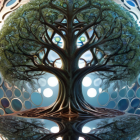 Metallic sphere with intricate tree designs in symmetrical artistic representation