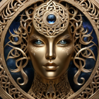 Fantasy Artwork: Female Figure with Gold Headdress and Glowing Blue Eye in Celestial Setting