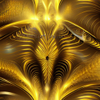 Golden swirling fractal art on black background: futuristic, ornate flora