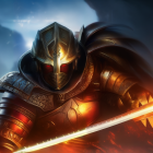 Knight in black armor wields glowing sword under night sky