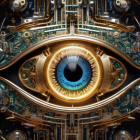 Intricate digital artwork: mechanical eye with organic and cybernetic fusion