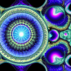 Colorful fractal art: Blue, purple, neon green patterns like peacock feathers.