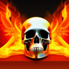 Chrome skull with glowing interior on fiery background with wings and flames