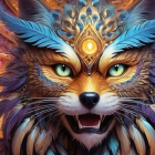 Colorful wolf with tribal patterns and jewels, striking blue eyes