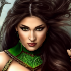 Warrior woman with green eyes, sword, armor, and castle background.