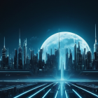 Nighttime futuristic cityscape with moon, stars, and neon lights