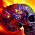 Ornate Skull with Carvings and Feathers on Autumnal Background