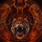 Tiger face digital art with bronze patterns and feathers on dark background