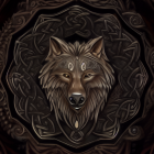 Metallic Wolf Head Illustration with Celtic Knot Background