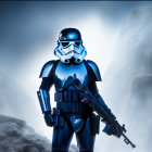 Stormtrooper with mustache holding blaster in misty rocky landscape