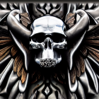 Metallic skull with third eye and wings on draped fabric background