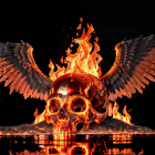 Burning skull with fiery wings on dark background and glossy reflection