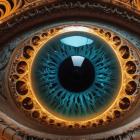 Intricate golden fractal eye design on dark background