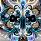 Symmetrical fractal butterfly with cosmic swirls on neutral backdrop