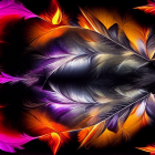 Colorful feather-like patterns against cosmic backdrop in warm orange and cool purples and blues.