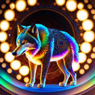 Vibrant neon-lit wolf art with intricate patterns on glowing backdrop