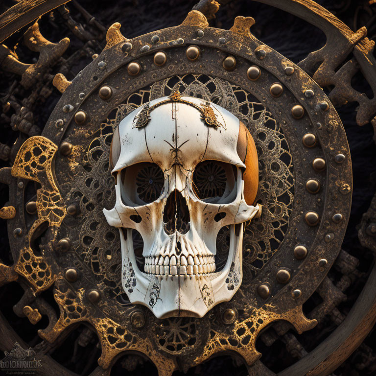 Intricate patterned skull surrounded by metallic designs on dark background