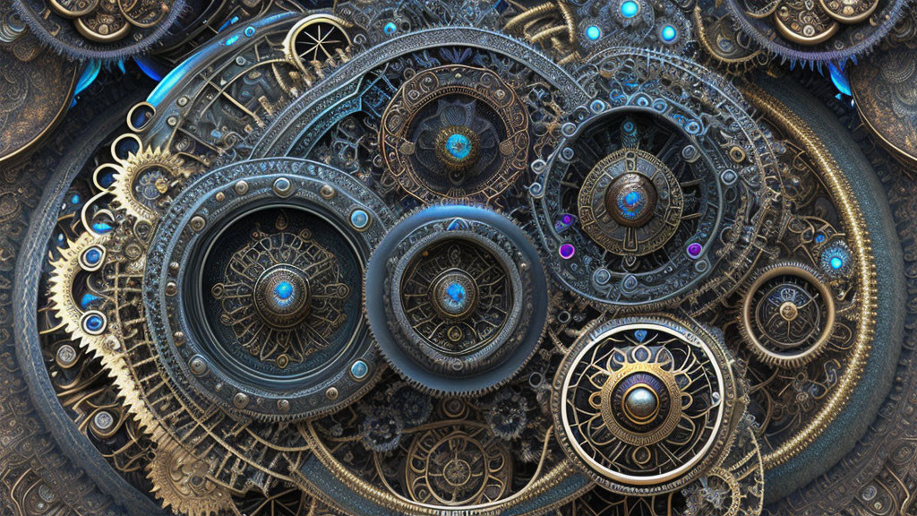 Intricate steampunk-themed image with metallic gears, cogs, and glowing blue lights