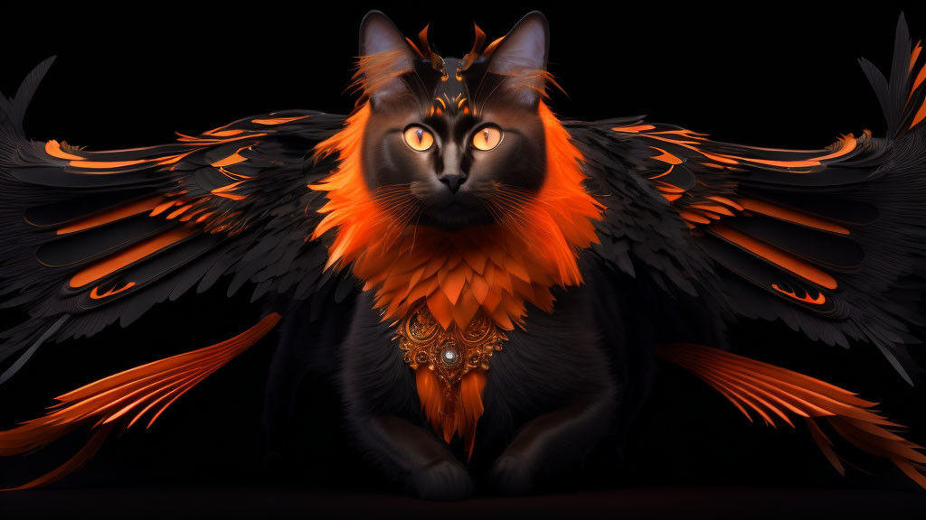 Majestic black cat with orange feathered wings and golden necklace