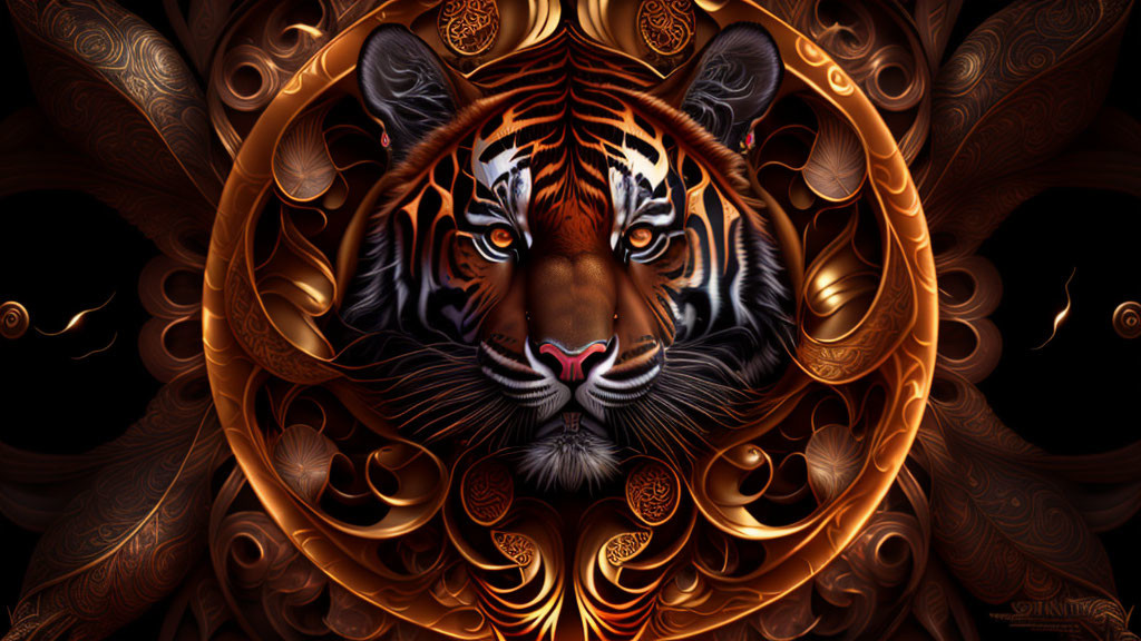 Symmetrical Tiger Face with Mandala Patterns in Warm Tones