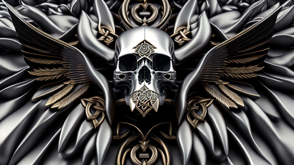 Metallic skull with third eye and wings on draped fabric background