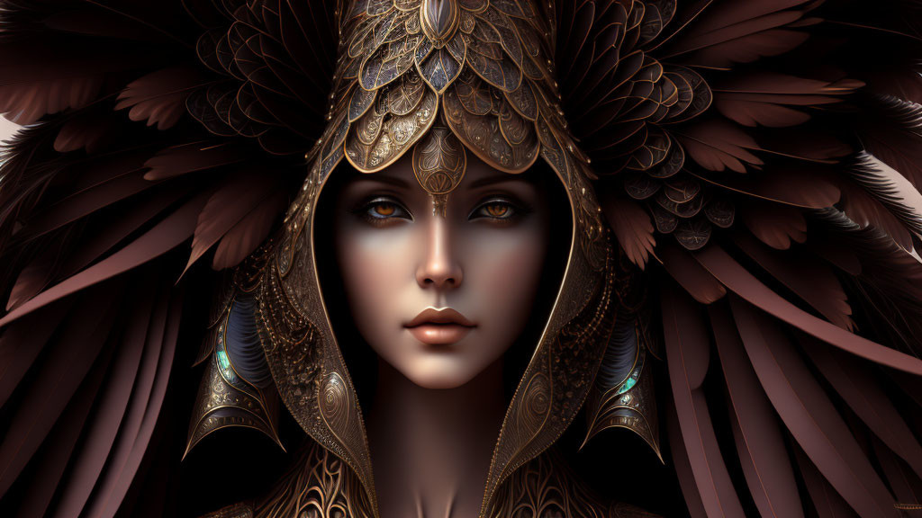 Detailed illustration: Woman with dark eyes, feathered headdress, gold patterns.