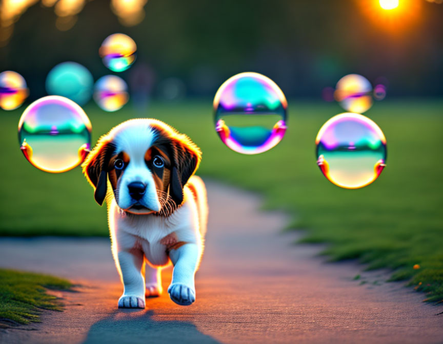 Curious puppy watching soap bubbles in sunlit park