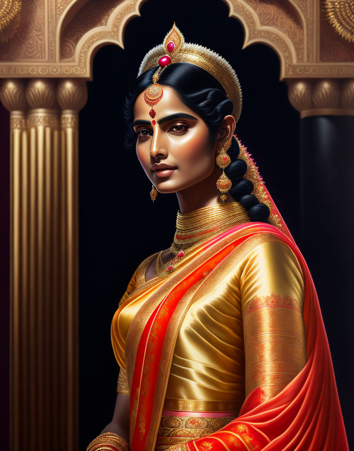 Traditional Indian Attire: Regal Woman in Red Saree and Gold Jewelry