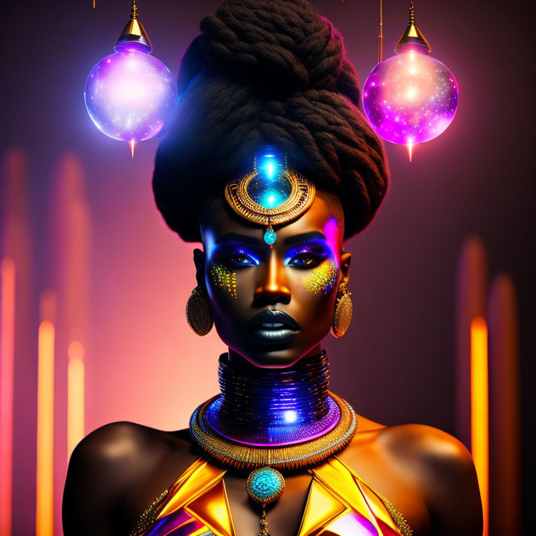 Futuristic African-inspired makeup and adornments on woman with glowing spheres.