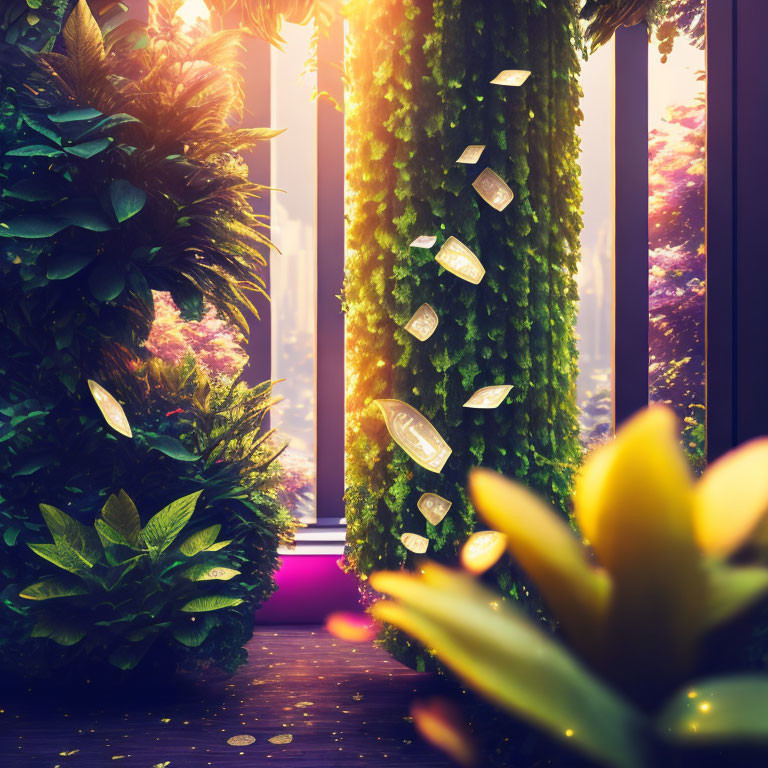 Tranquil indoor garden with moss-covered pillar and glowing crystals