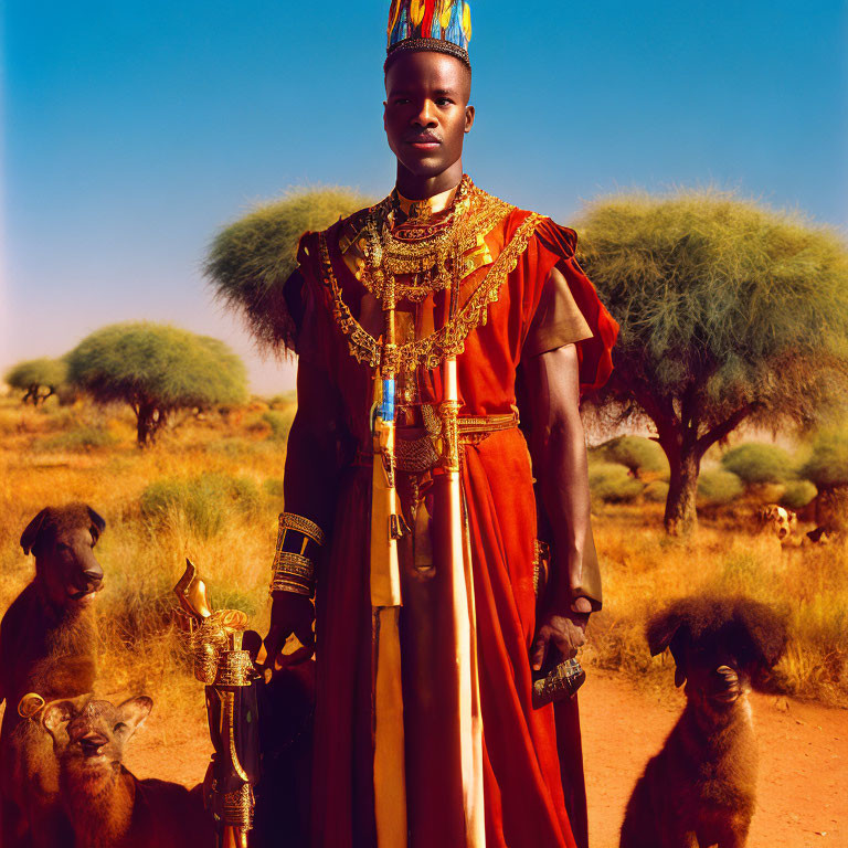 Person in Red and Gold Traditional Attire with Goats in Sunlit Savanna