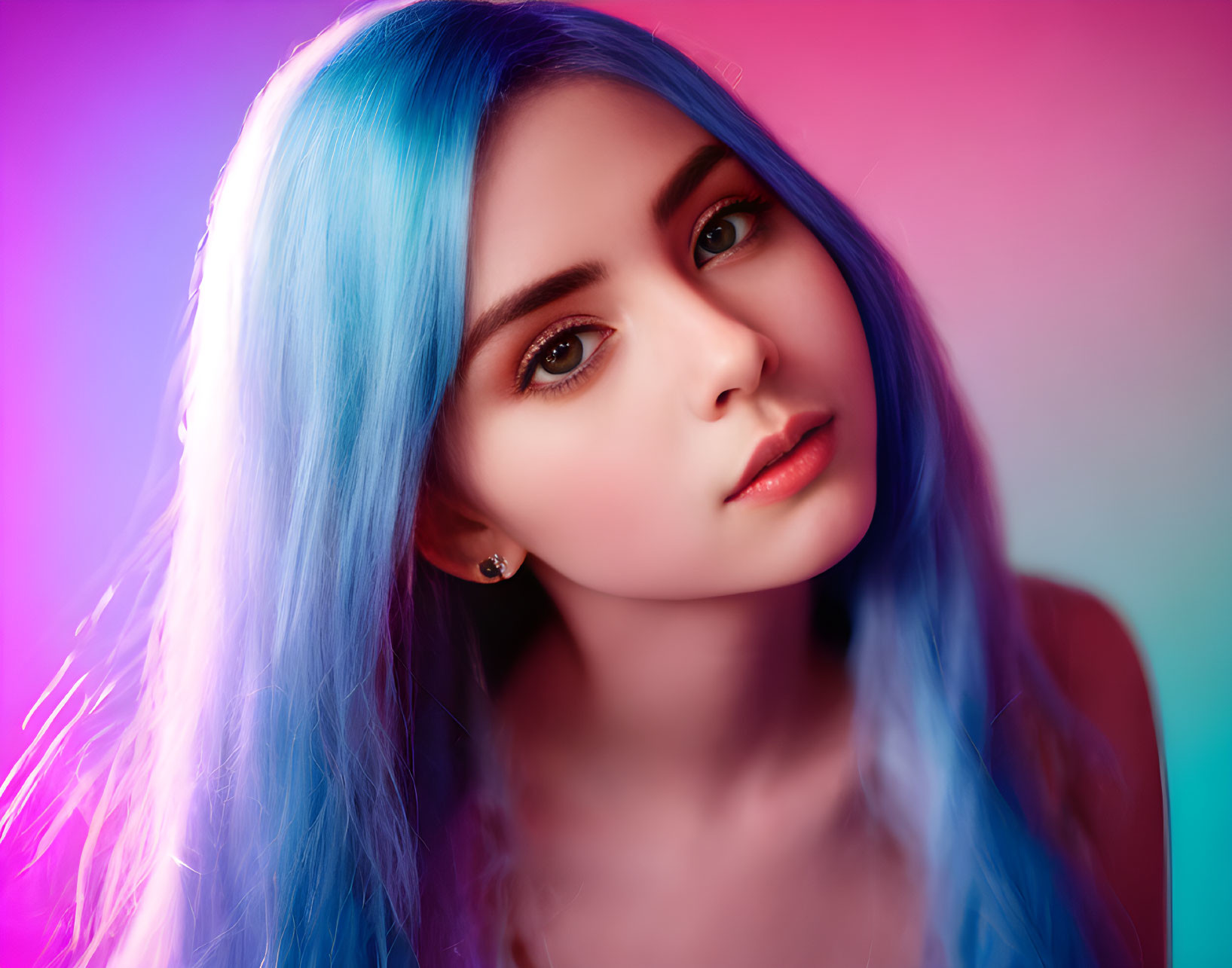 Young Woman with Blue Hair on Vibrant Pink and Blue Background