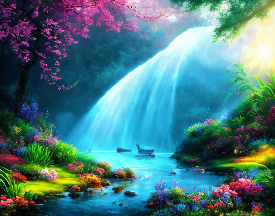 Scenic landscape with waterfall, sunlight, flora, river, boat, hut