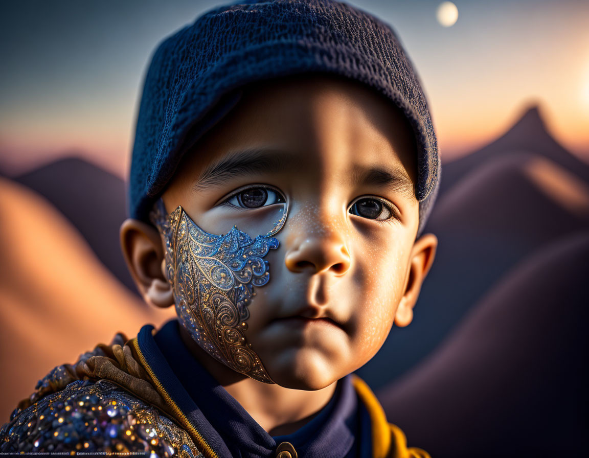 Child with ornate face paint and cap gazing at sunset and mountains